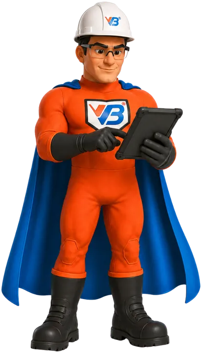 Illustration of the VB Rakshak safety character holding a tablet, representing the control that answers it